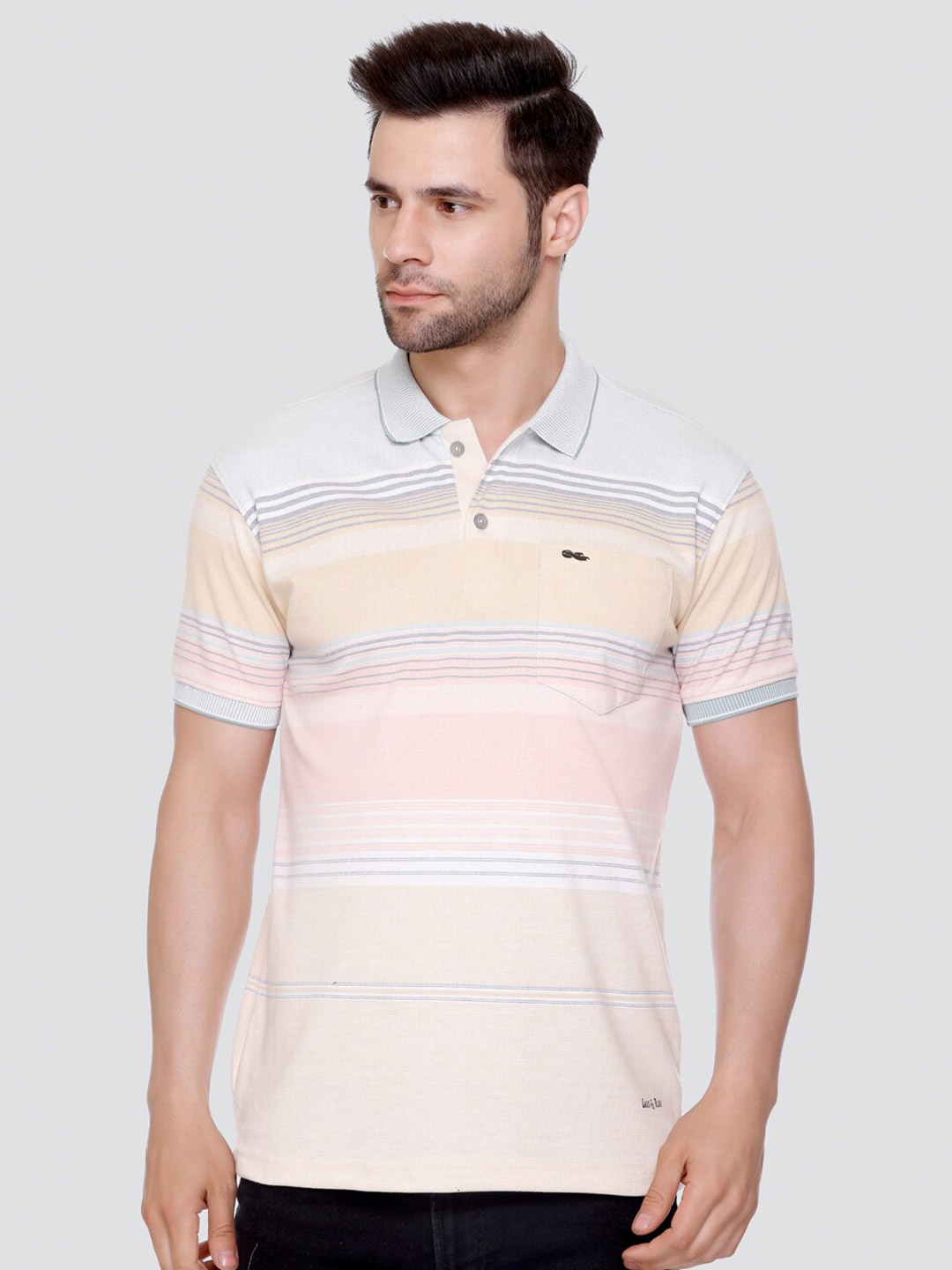 

LEAD & RIDE Striped Polo Collar Cotton T-shirt, Off white