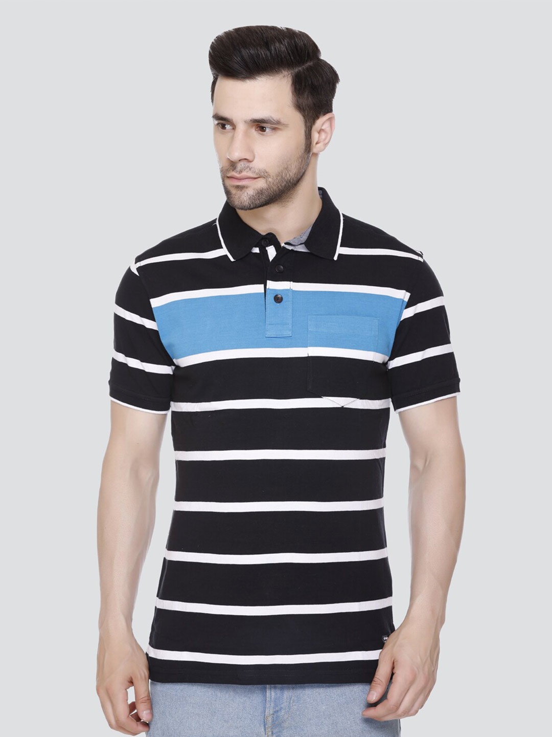 

LEAD & RIDE Striped Polo Collar Cotton T-shirt, Black