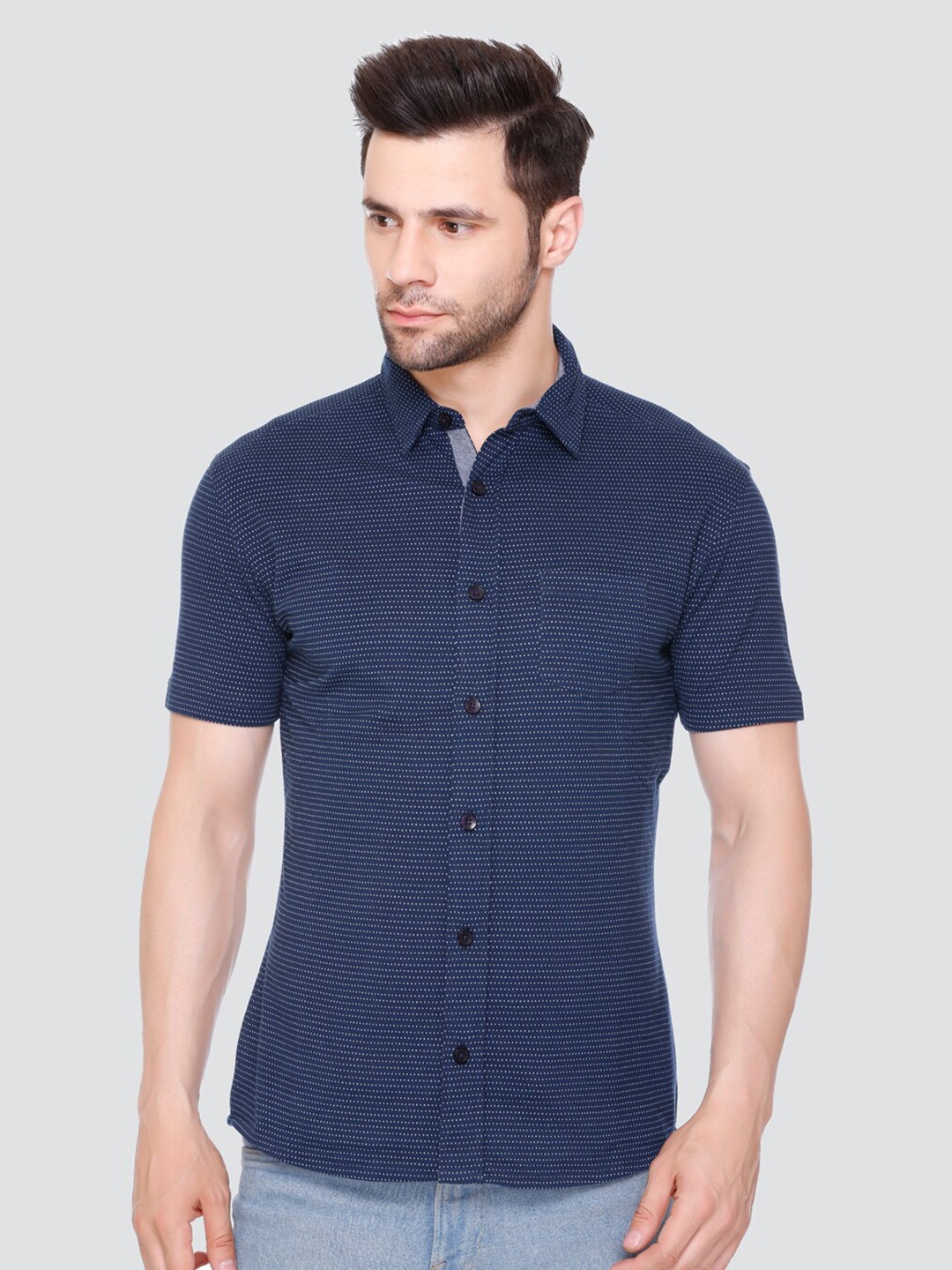 

LEAD & RIDE Striped Spread Collar Cotton Shirt, Navy blue