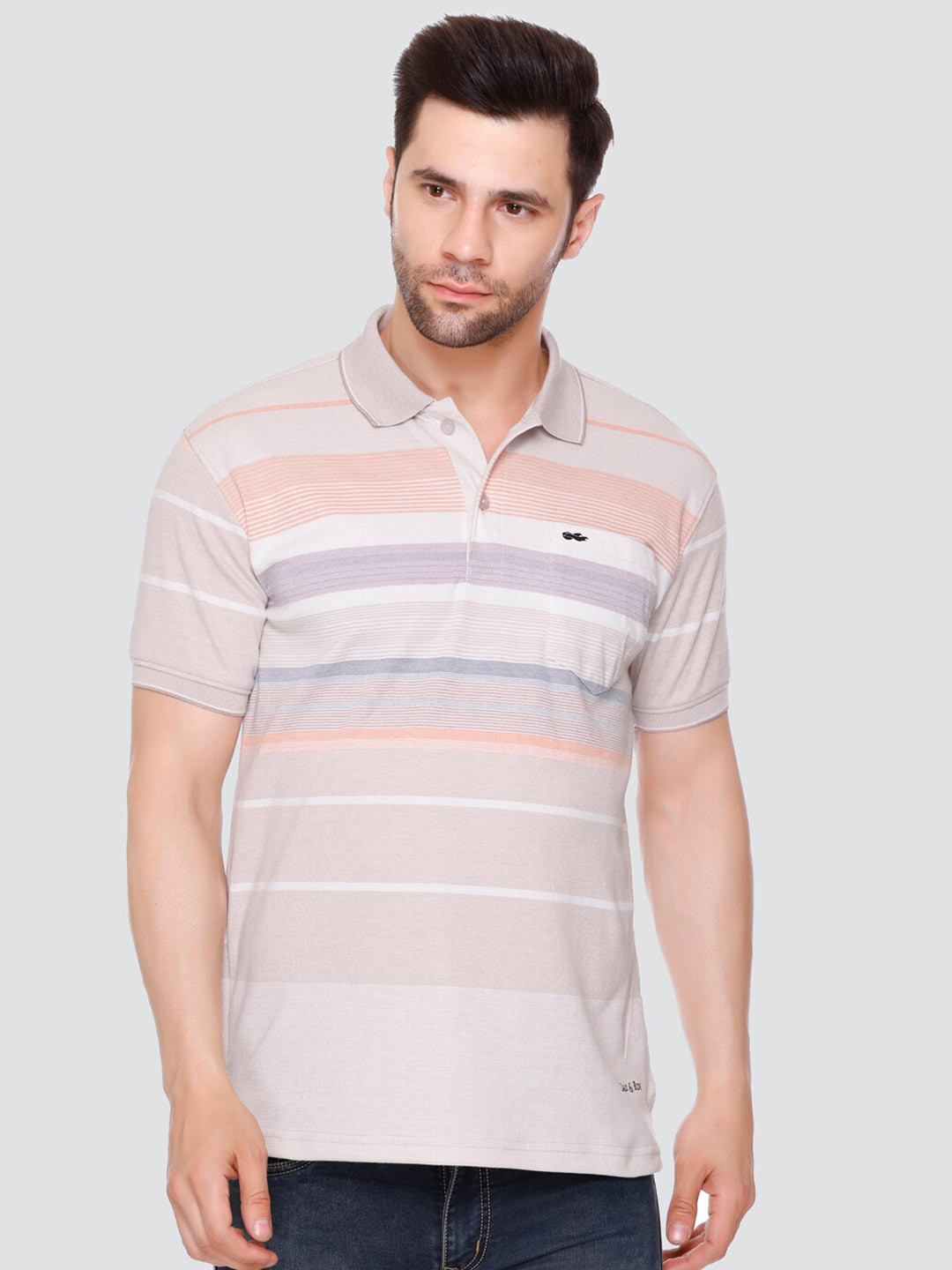 

LEAD & RIDE Striped Polo Collar Cotton T-shirt, Beige