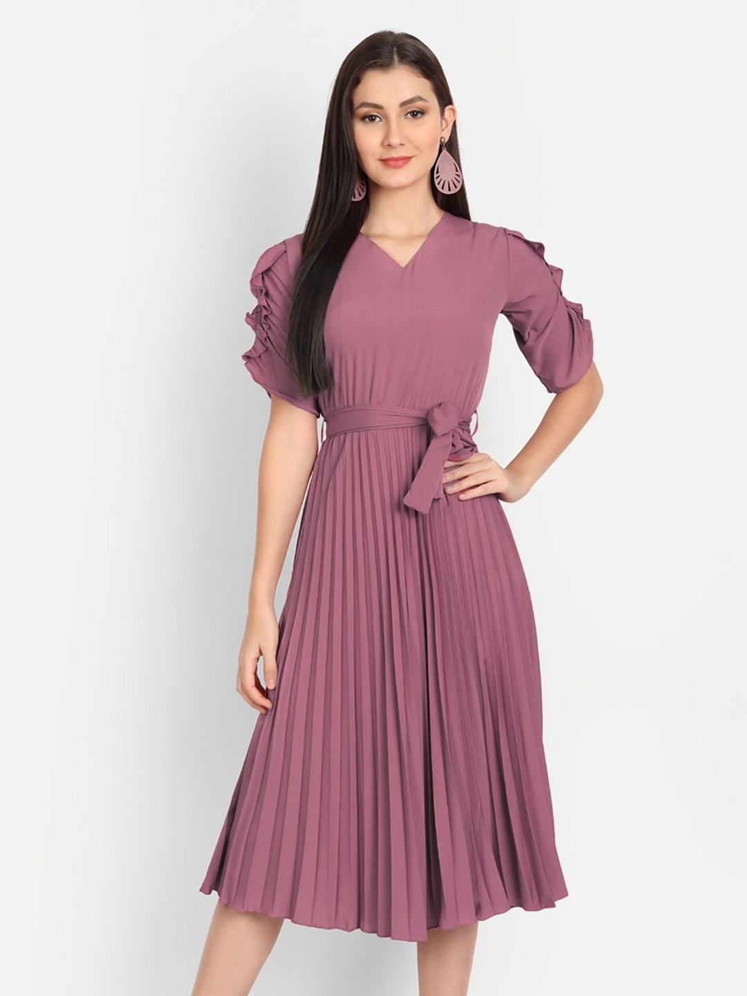 

DEKLOOK Accordian Pleats Midi A-Line Dress With Tie-Ups, Pink
