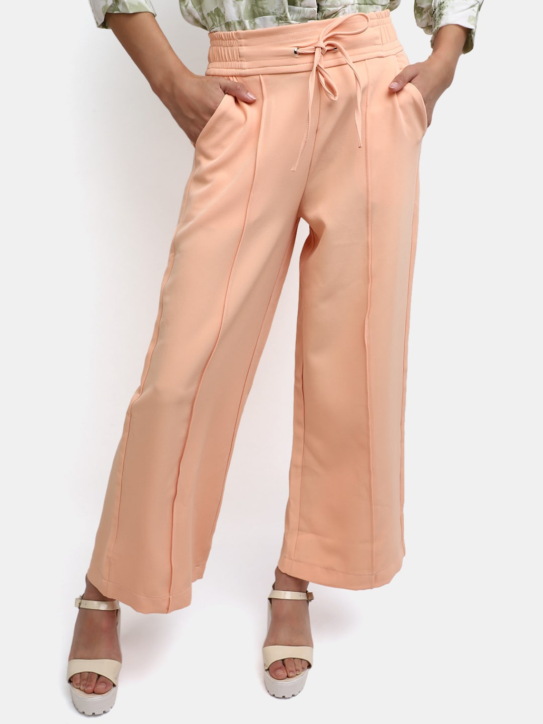 

V-Mart Women Mid Rise Plain Knitted Cotton Parallel Trousers, Peach
