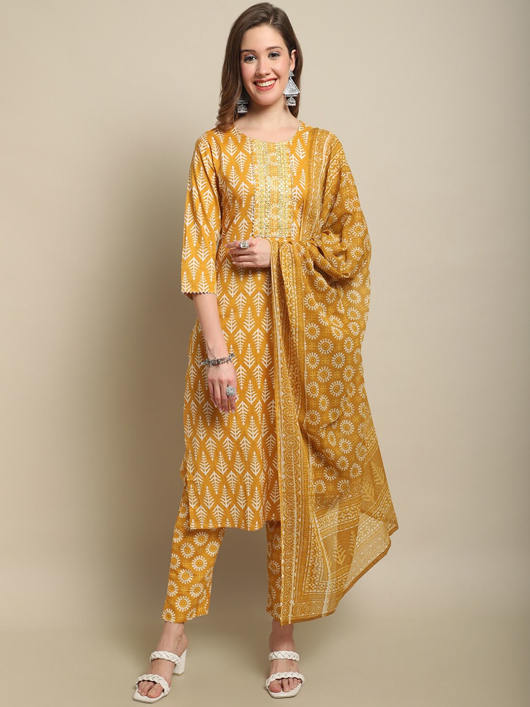 

ANAISA Ethnic Motifs Regular Mirror Work Pure Cotton Kurta With Trousers & Dupatta, Mustard