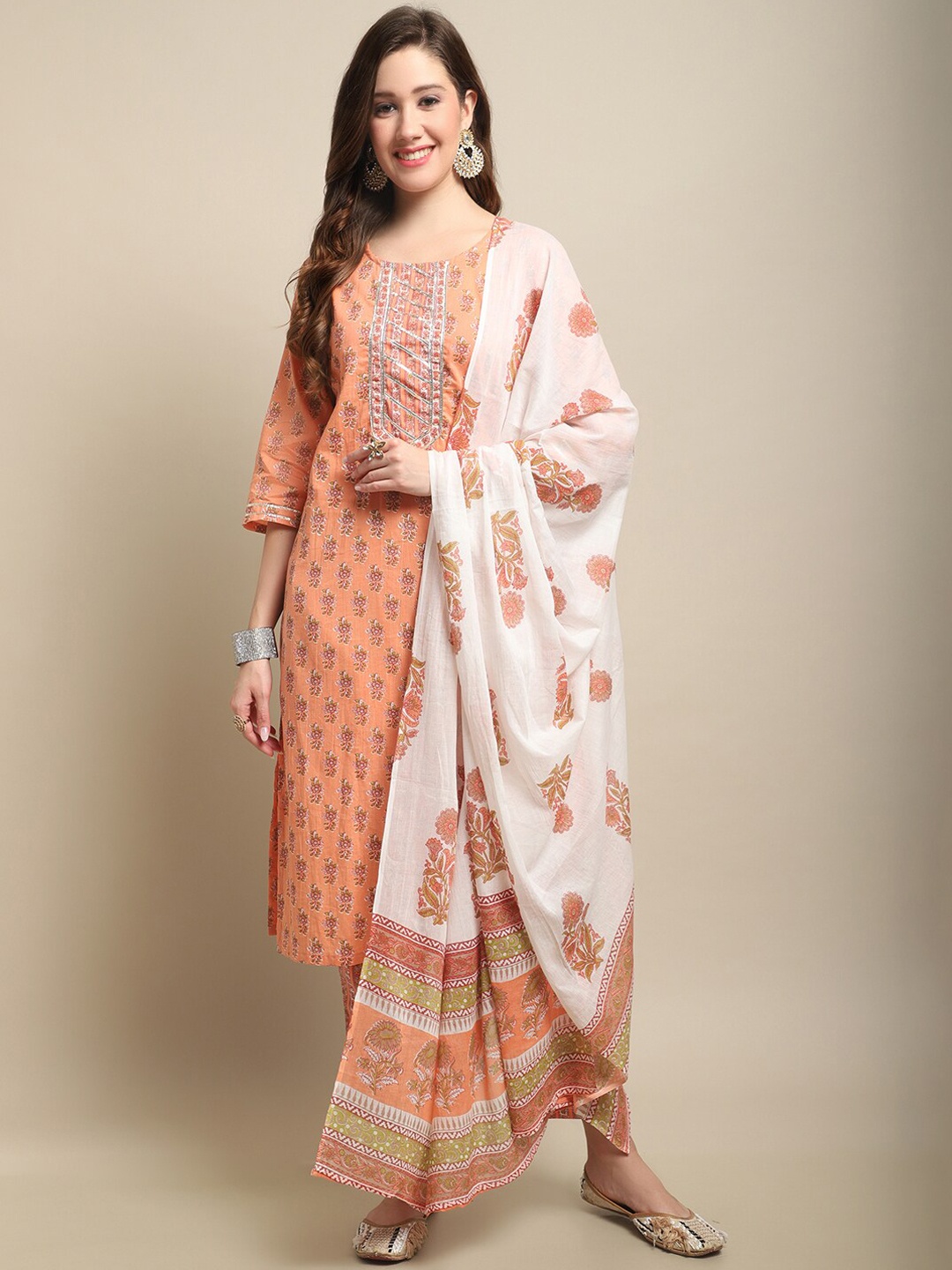 

ANAISA Ethnic Motifs Embroidered Gotta Patti Pure Cotton Kurta with Trousers & Dupatta, Orange