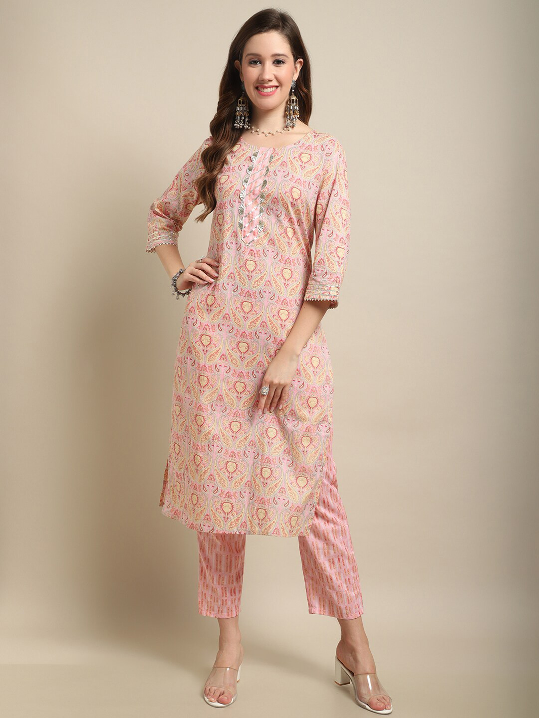 

ANAISA Floral Printed Gotta Patti Pure Cotton Kurta with Trousers & Dupatta, Pink