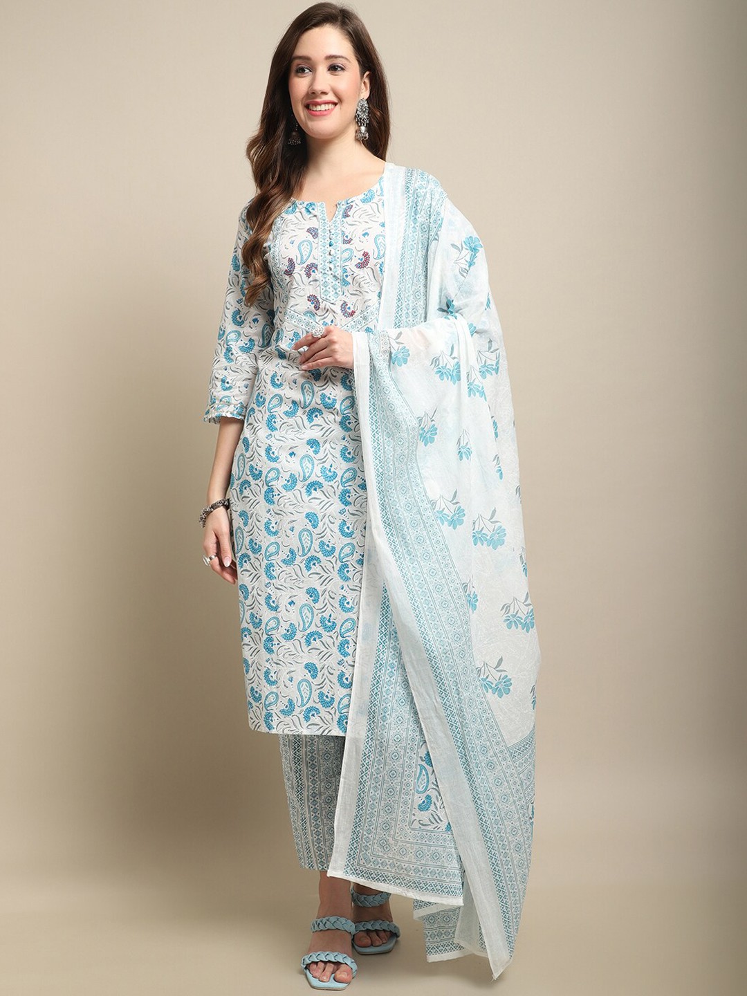 

ANAISA Floral Printed Thread Work Pure Cotton Kurta with Trousers & Dupatta, White