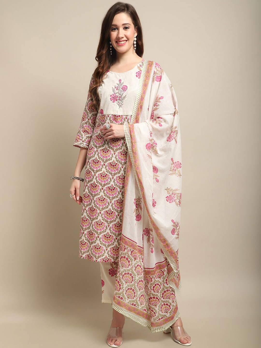 

ANAISA Floral Printed Thread Work Pure Cotton Kurta with Trousers & Dupatta, Pink