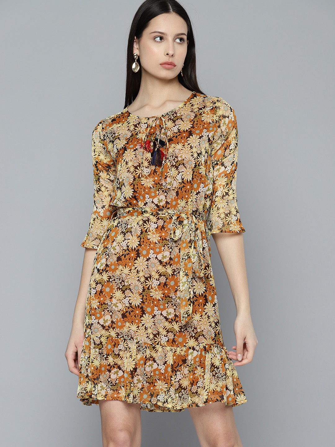 

Chemistry Floral Print Tie-Up Neck Chiffon Fit & Flare Dress, Multi