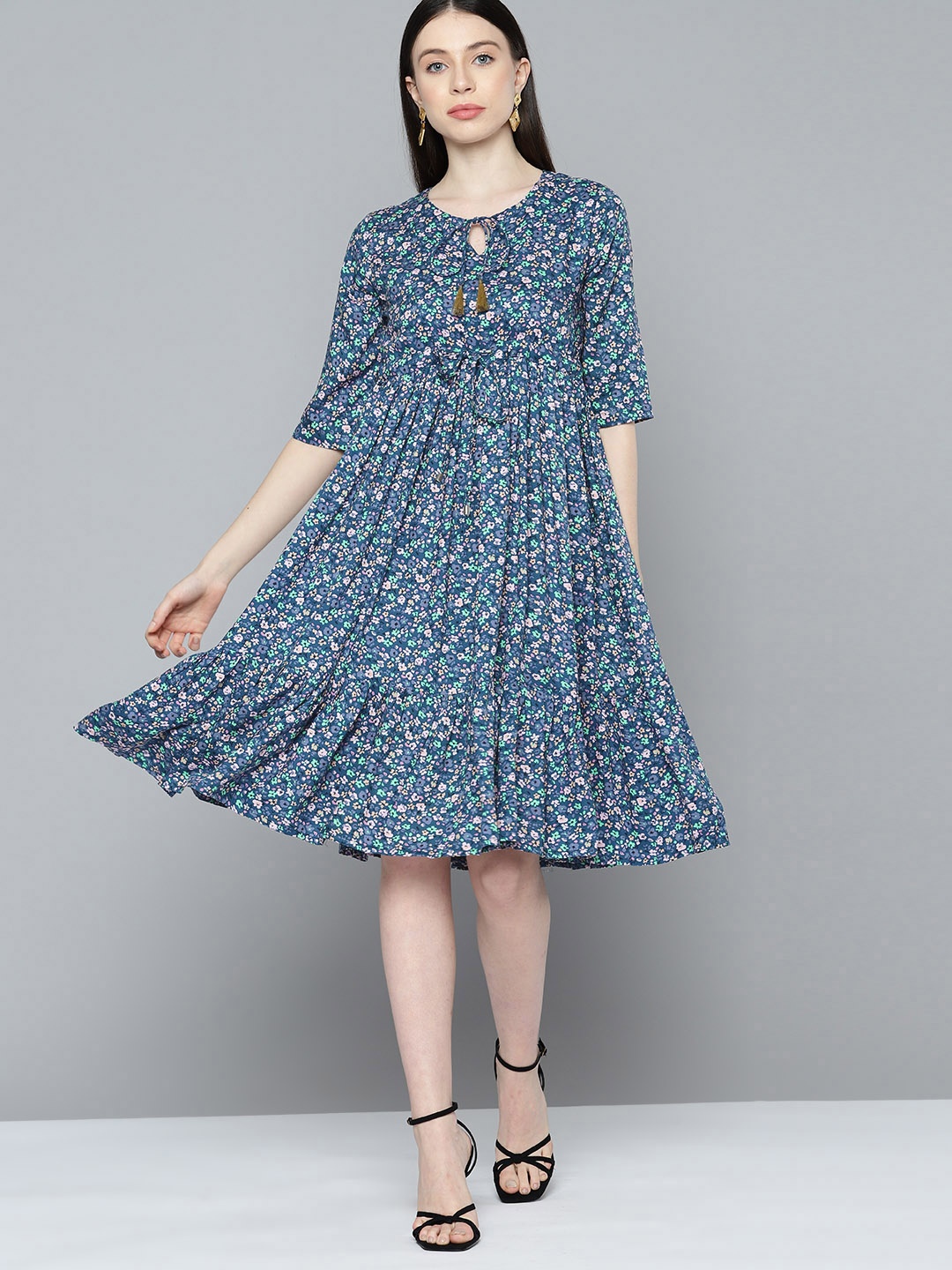 

Chemistry Floral Print Tie-Up Neck A-Line Dress, Blue