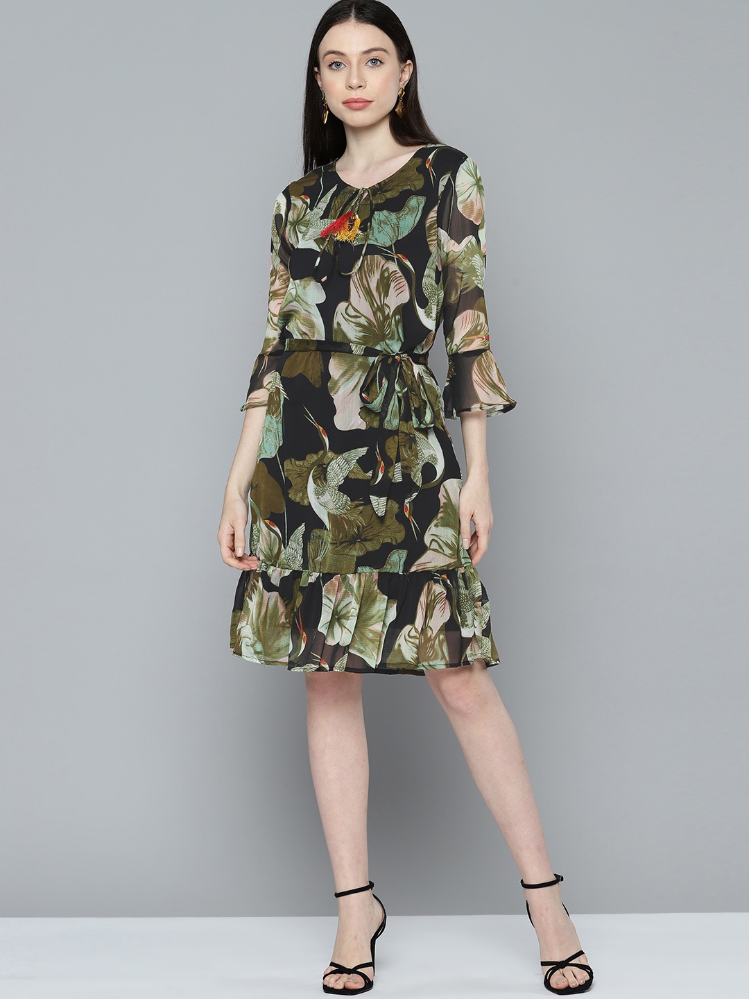 

Chemistry Floral Print Tie-Up Neck Bell Sleeve Chiffon Fit & Flare Dress, Multi