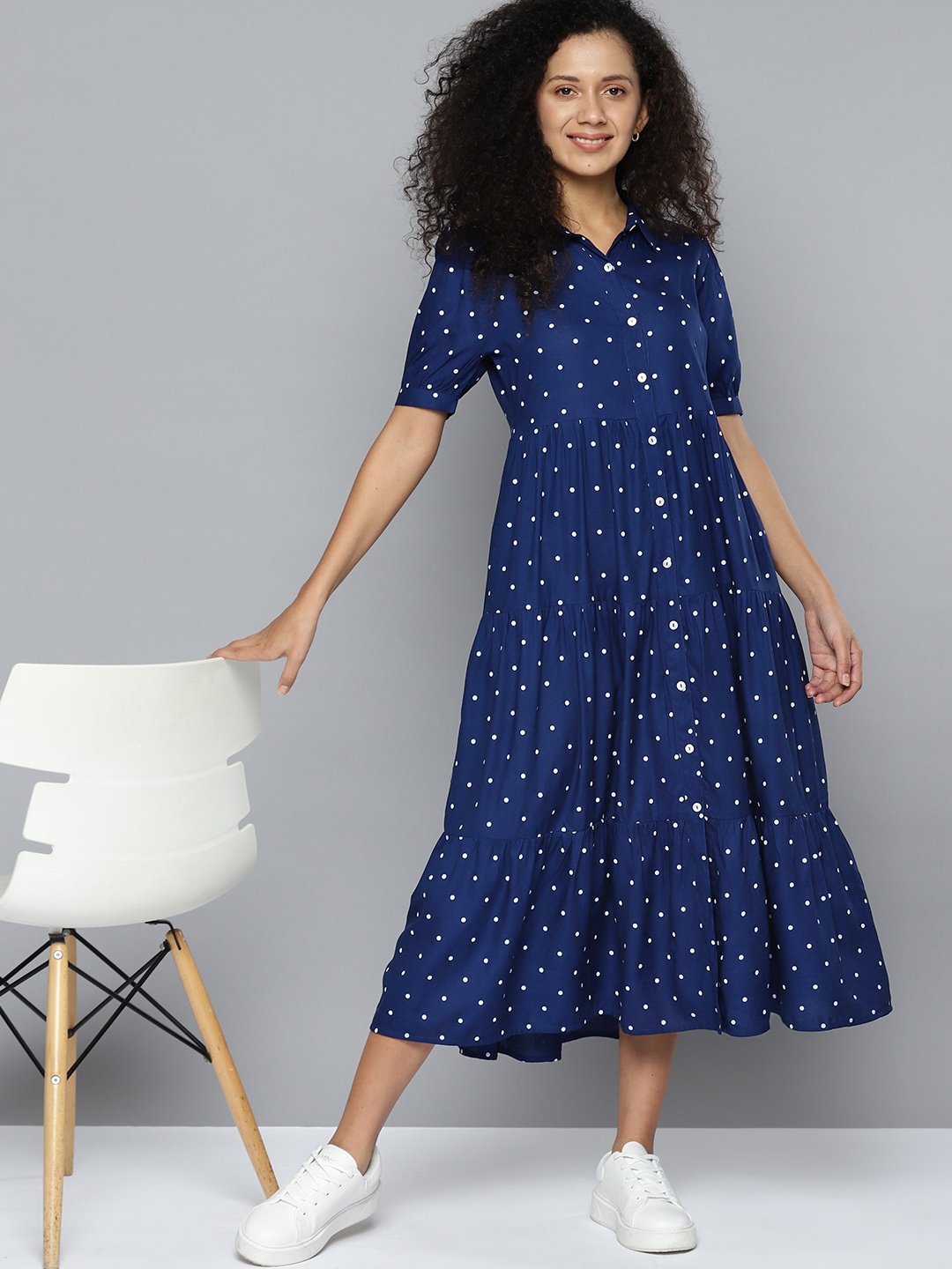 

Mast & Harbour Polka Dot Print Puff Sleeve Shirt Midi Dress, Blue