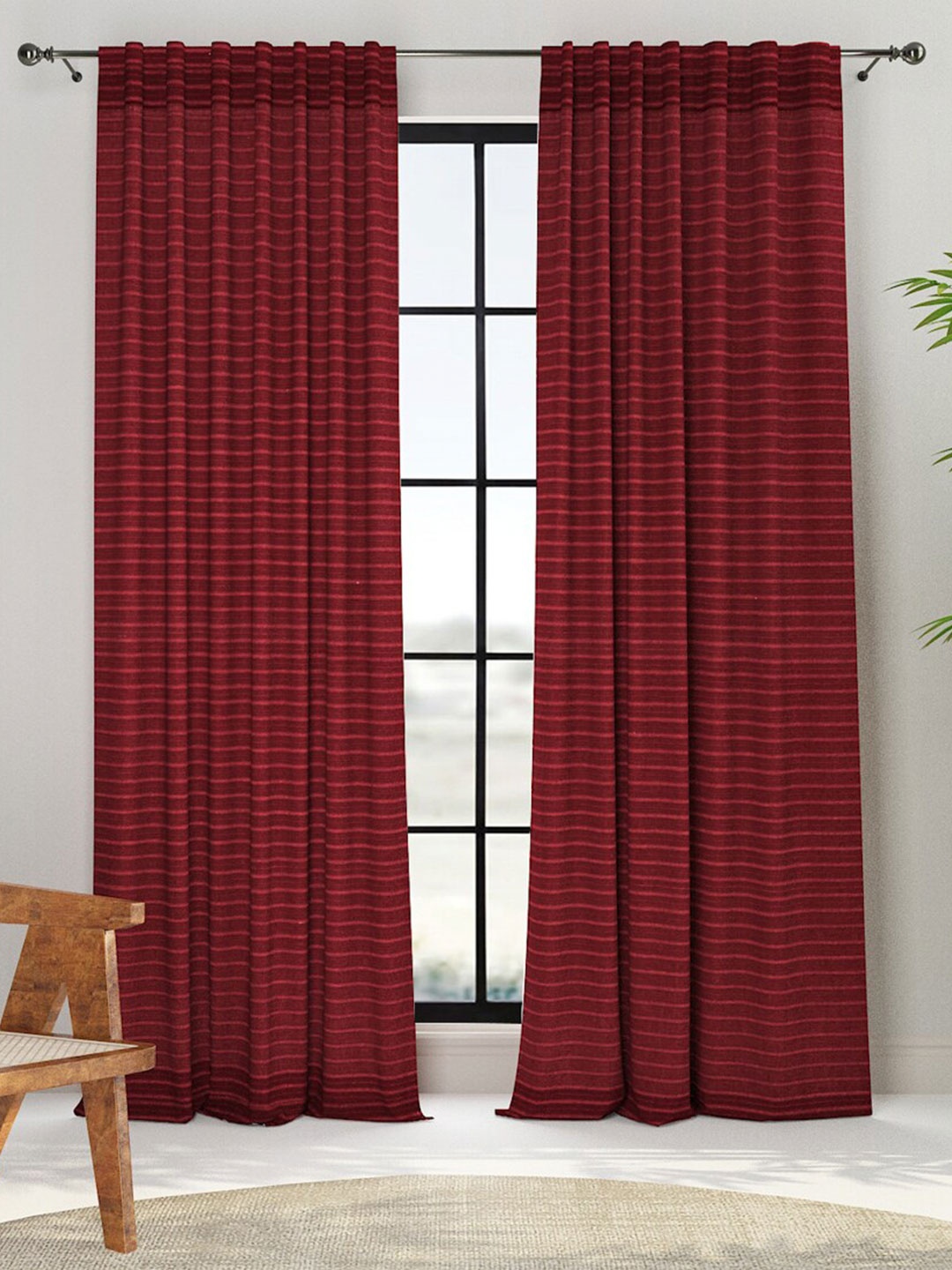 

Fabindia Red Striped Cotton Room Darkening Semi Sheer Window Curtain