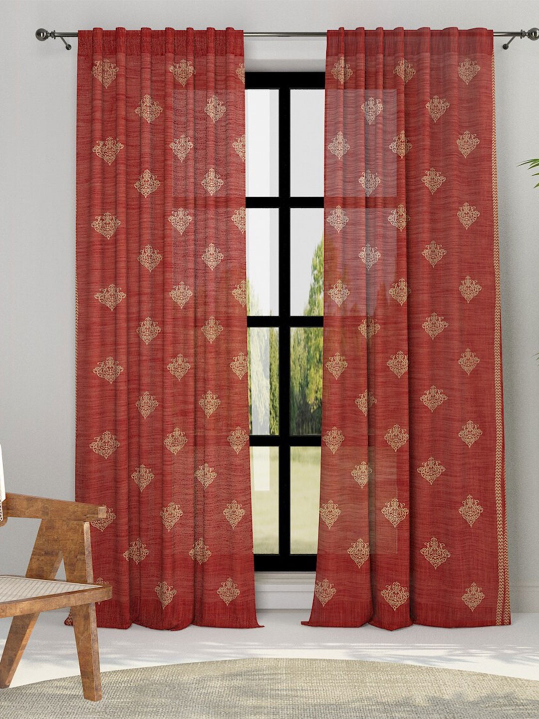 

Fabindia Rust Red & Gold-Toned Ethnic Motifs Cotton Semi Sheer Window Curtain