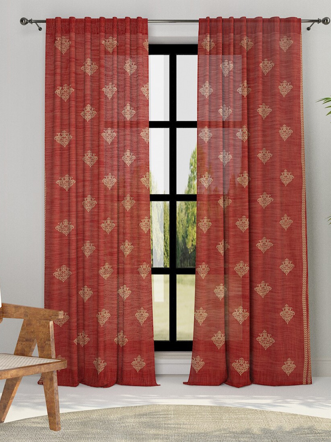 

Fabindia Rust Red & Gold-Toned Ethnic Motifs Cotton Semi Sheer Long Door Curtain