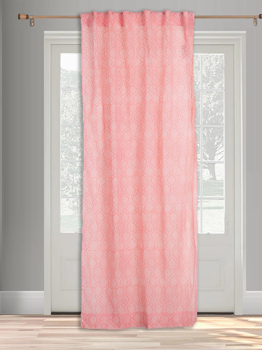 Fabindia Coral Pink Ethnic Motifs Cotton Semi Sheer Door Curtain