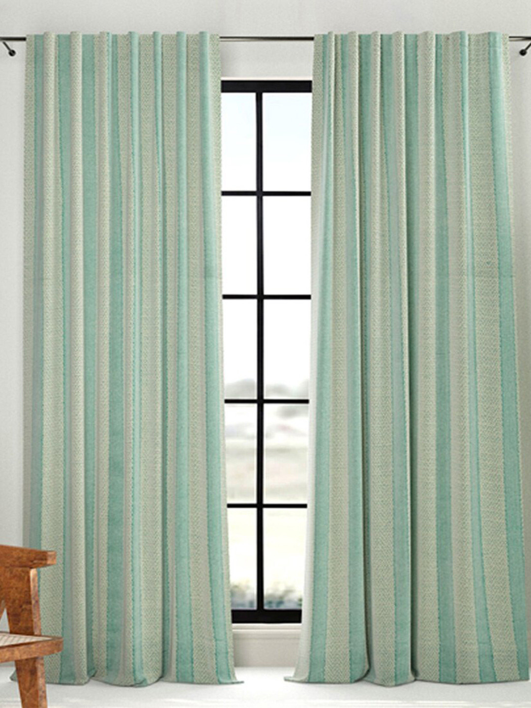 

Fabindia Green Striped Cotton Room Darkening Semi Sheer Window Curtain, Teal