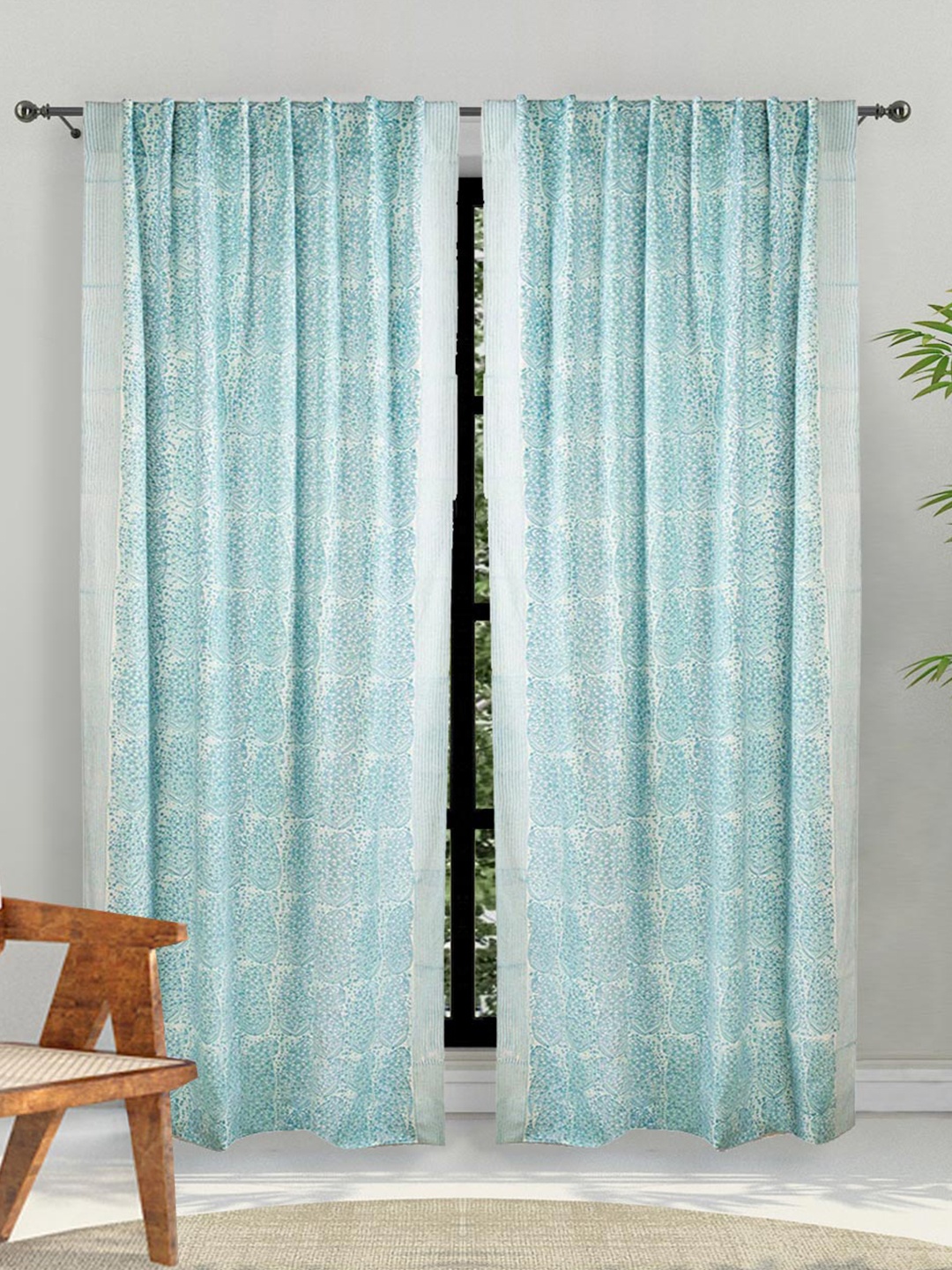 

Fabindia Blue & White Floral Cotton Linen Door Curtain