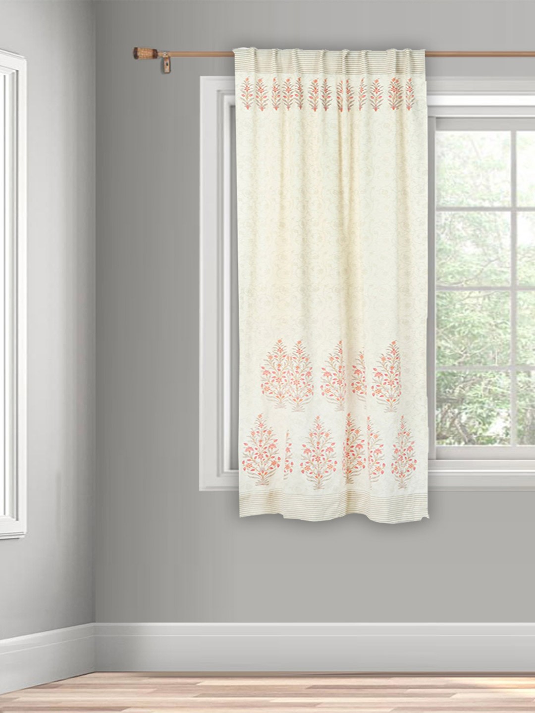 

Fabindia Cream-Coloured & Pink Ethnic Motifs Sheer Cotton Window Curtain