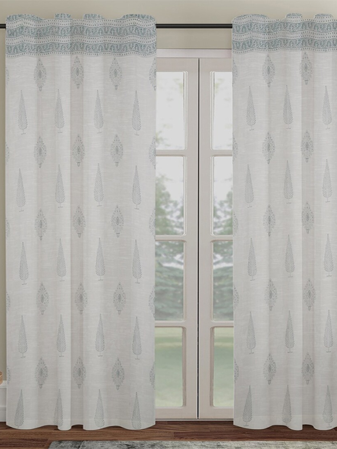 

Fabindia Aavi White & Teal Ethnic Motifs Printed Sheer Window Curtain