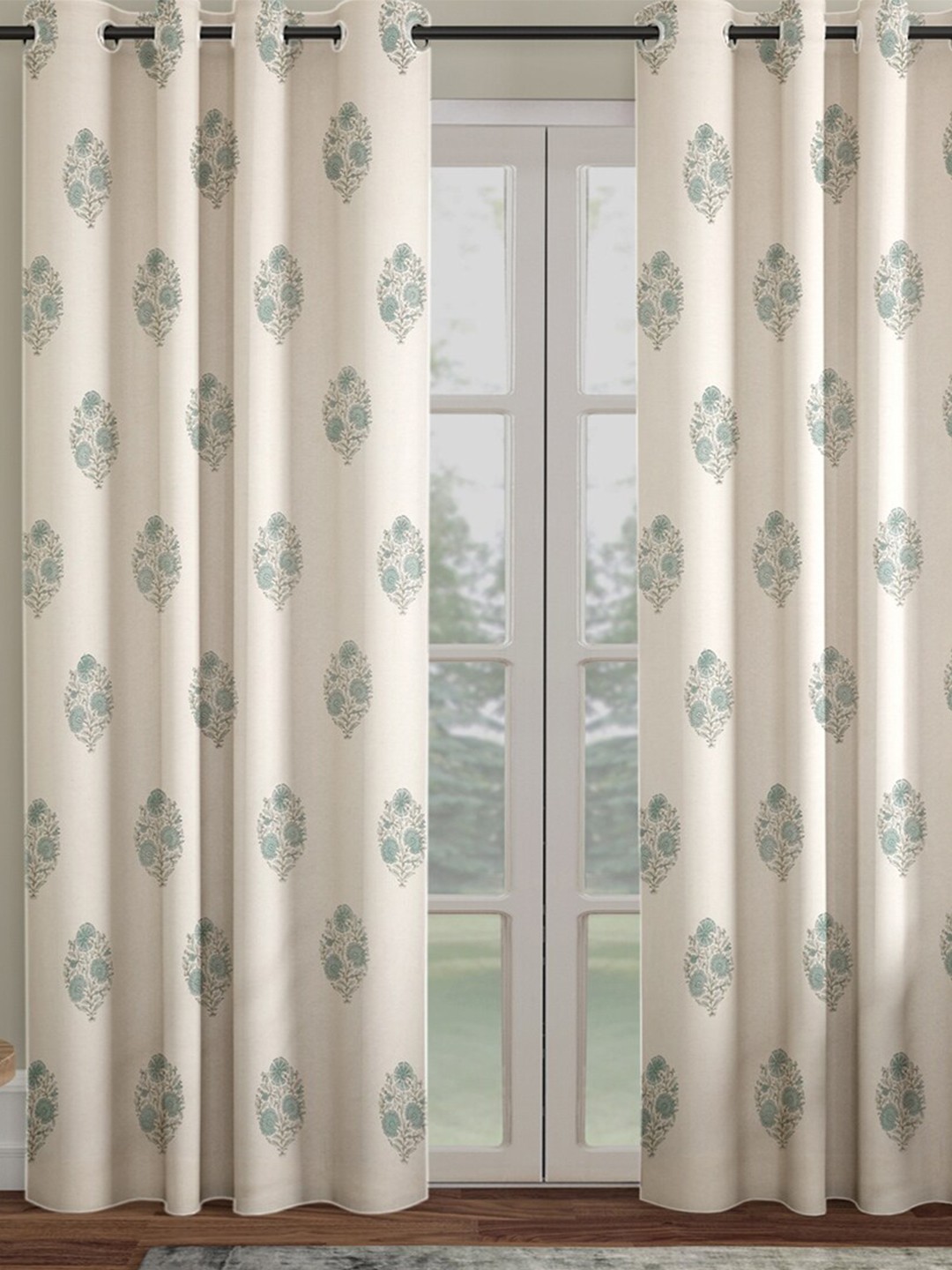 

Fabindia Faiza White & Teal Ethnic Motifs Printed Sheer Door Curtain