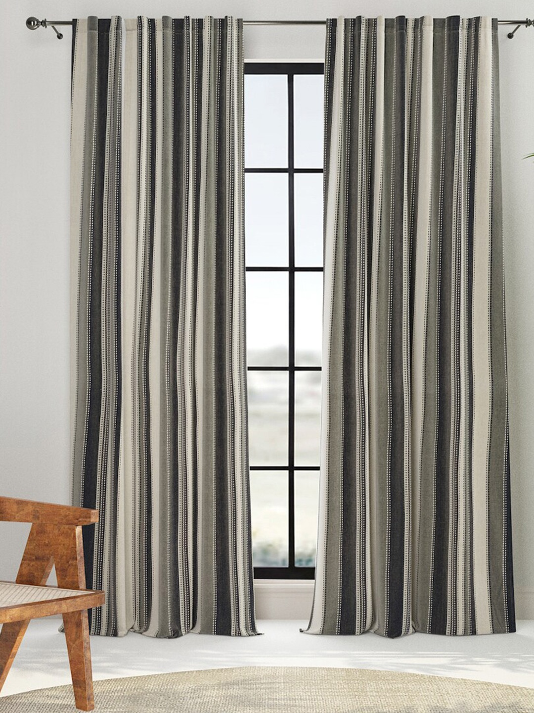 

Fabindia Trushita Grey Striped Room Darkening Long Door Curtain