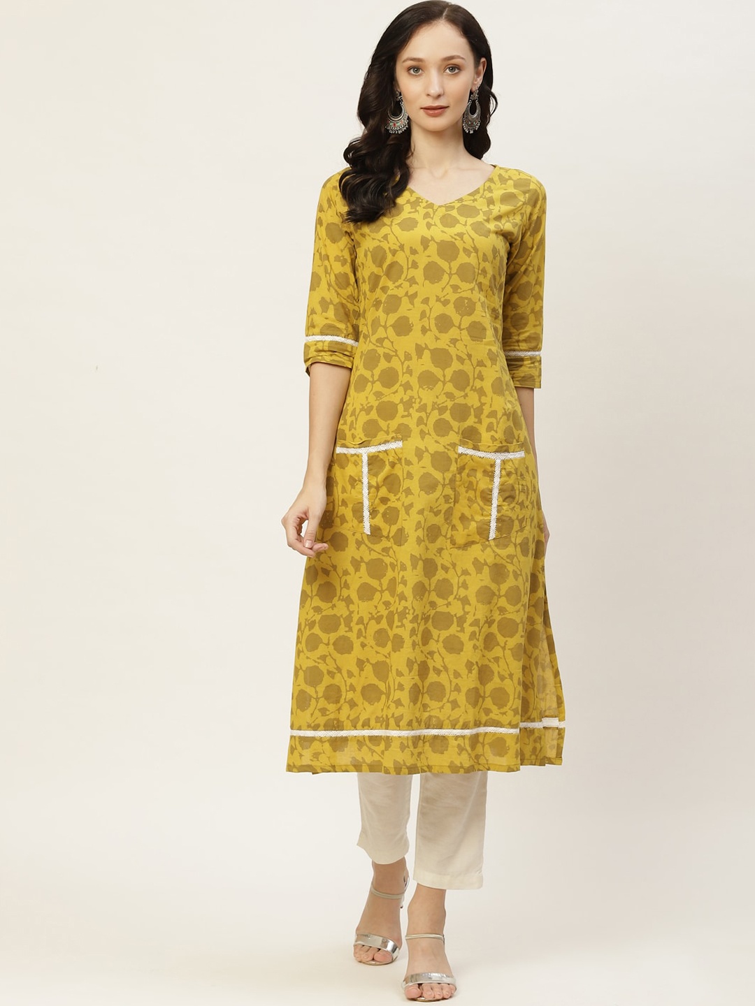 

Saanjh Green Floral Printed Cotton A-Line Kurta With Lace Inserted