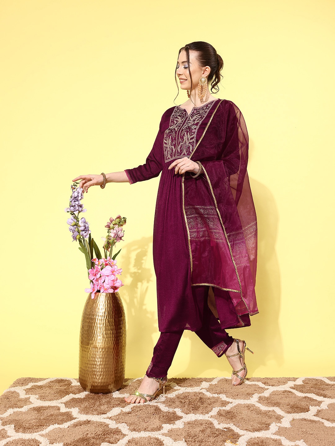 

Sangria Women Floral Embroidered Regular Kurta with Trousers & With Dupatta, Purple