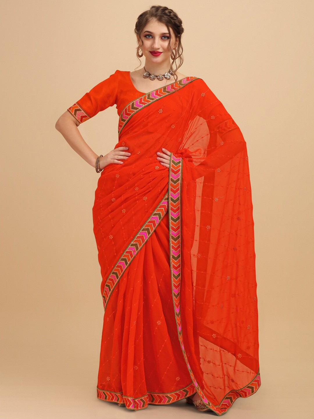 

Sangria Orange Pure Georgette Embroidered Saree
