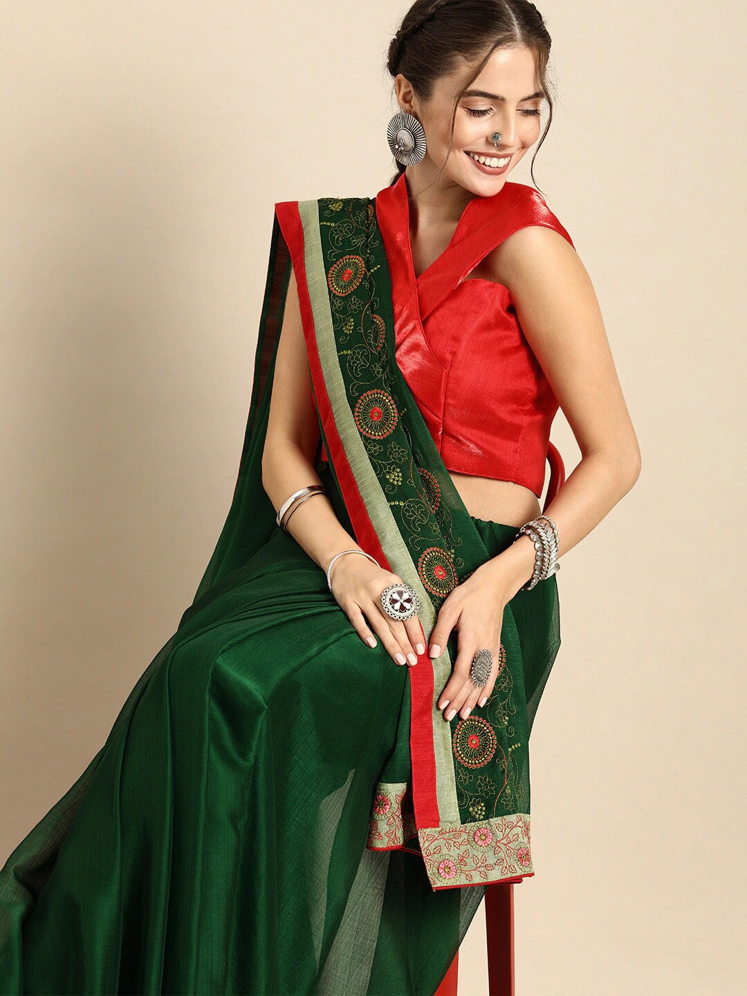 

Sangria Green & Red Floral Embroidered Saree