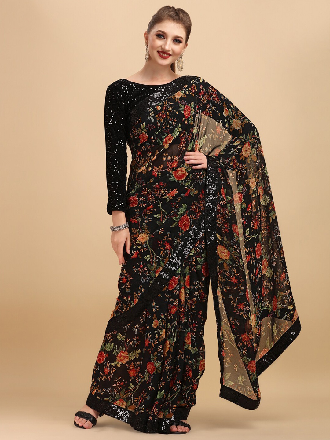 

Sangria Floral Printed Embroidered Saree, Black