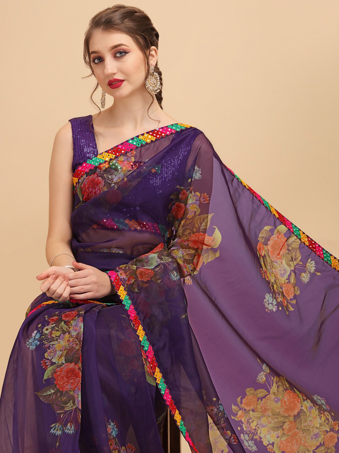 Sangria Floral Printed Mirror Work Sarees, Purple