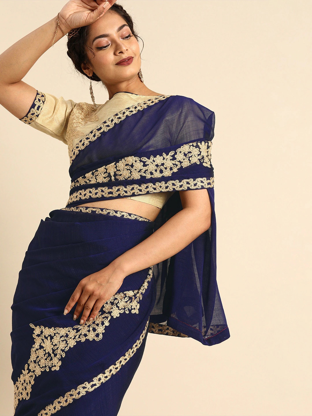 

Sangria Woven Design Embroiderd Saree, Navy blue