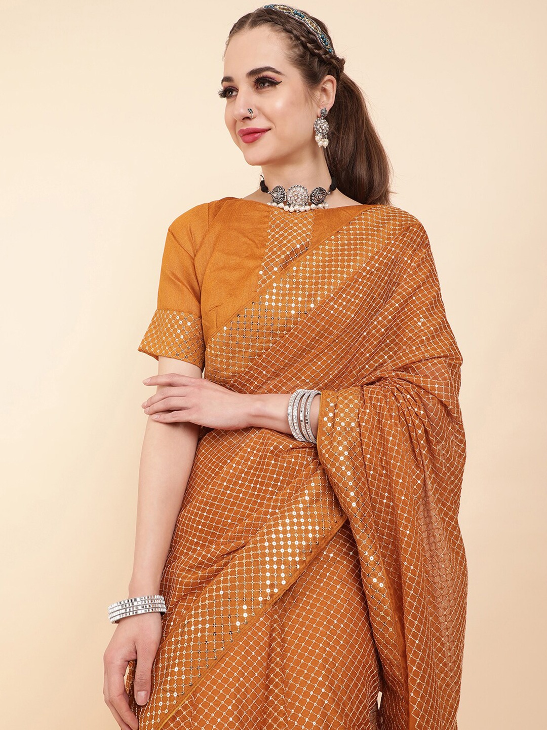 

Sangria Sequined Pure Georgette Designer Party Saree, Mustard