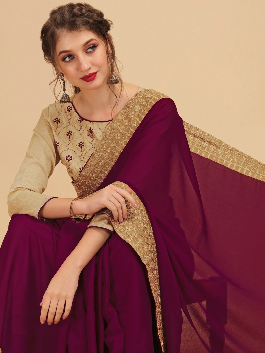 

Sangria Burgundy Embroidered Silk Blend Saree