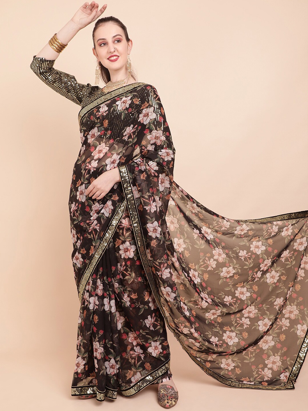Sangria Floral Print Sequined Pure Georgette Saree, Black