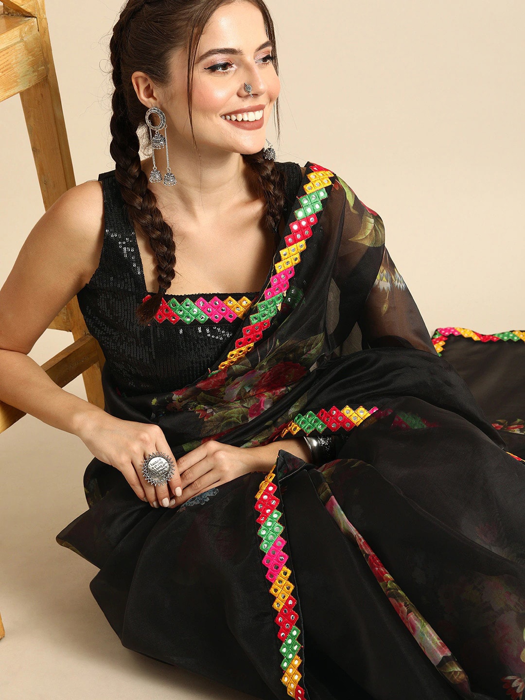 

Sangria Floral Mirror Work Organza Designer Saree, Black