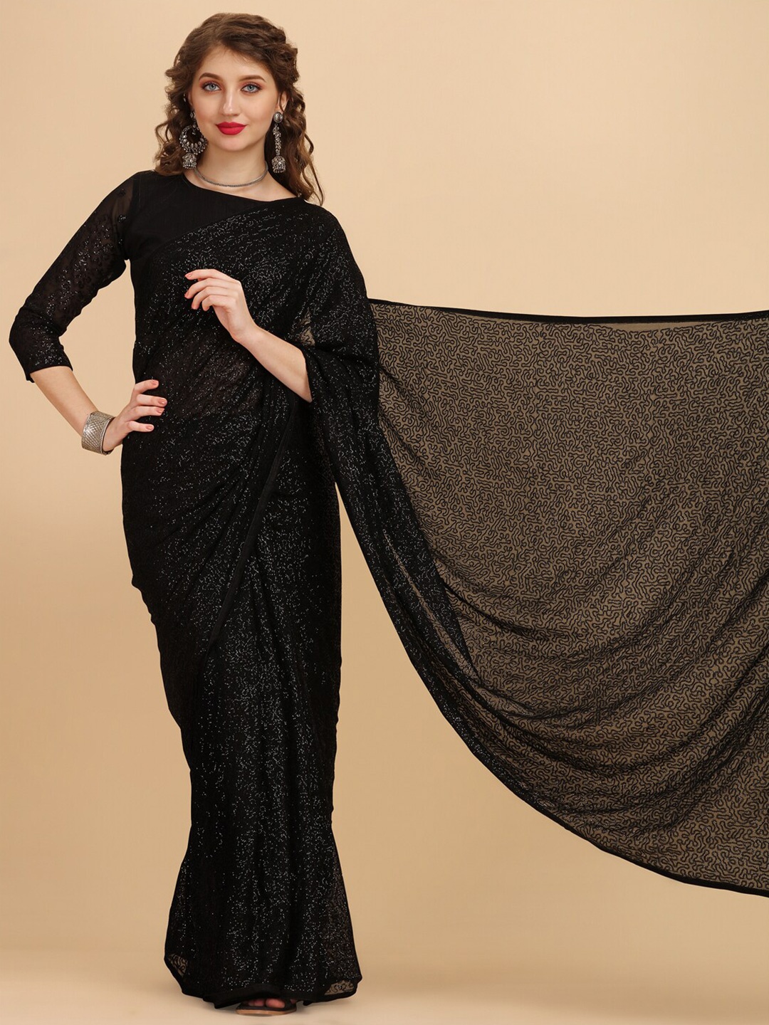 

Sangria Sequined Pure Georgette Party Saree, Black