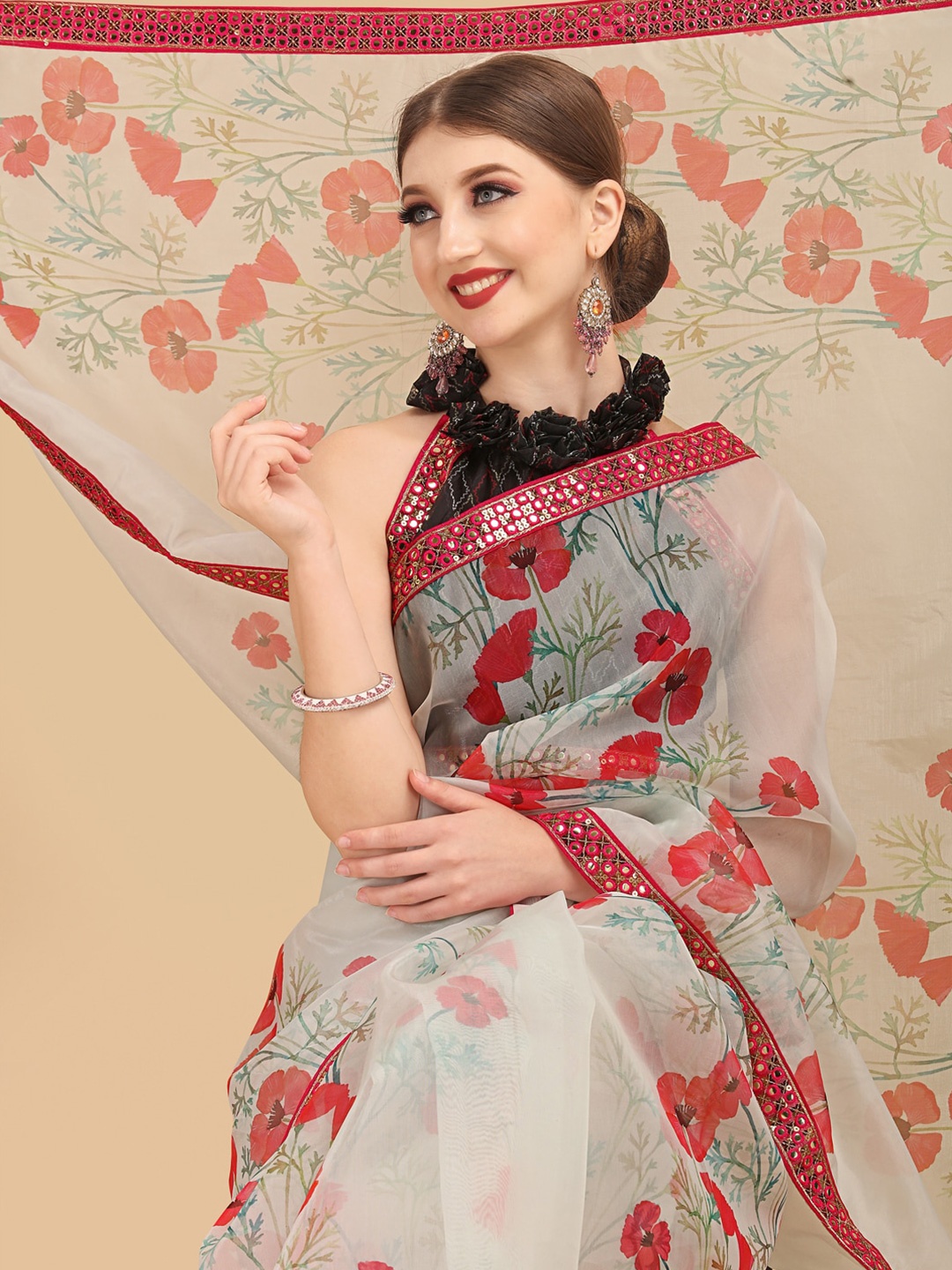 

Sangria Off White Floral Mirror Work Organza Designer Saree