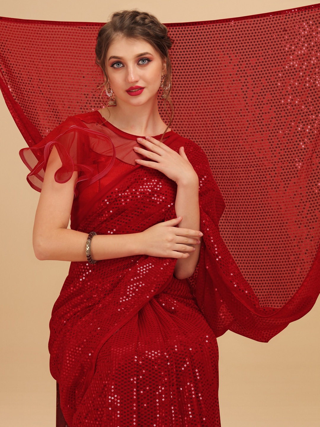 

Sangria Red Sequinned Pure Georgette Designer Saree