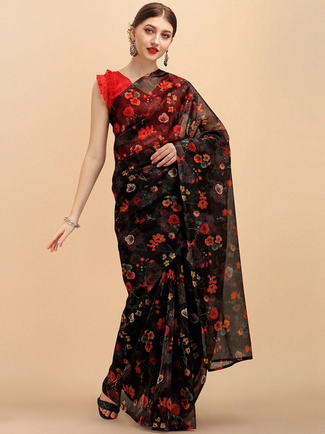 

Sangria Black Floral Printed Designer Saree
