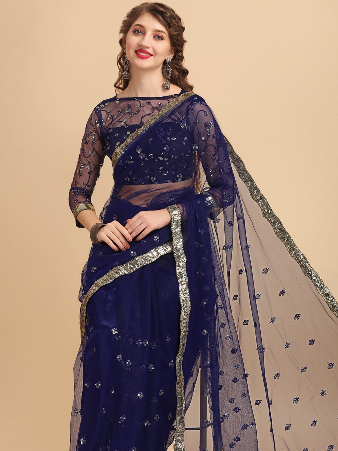 

Sangria Embroidered Supernet Saree, Navy blue