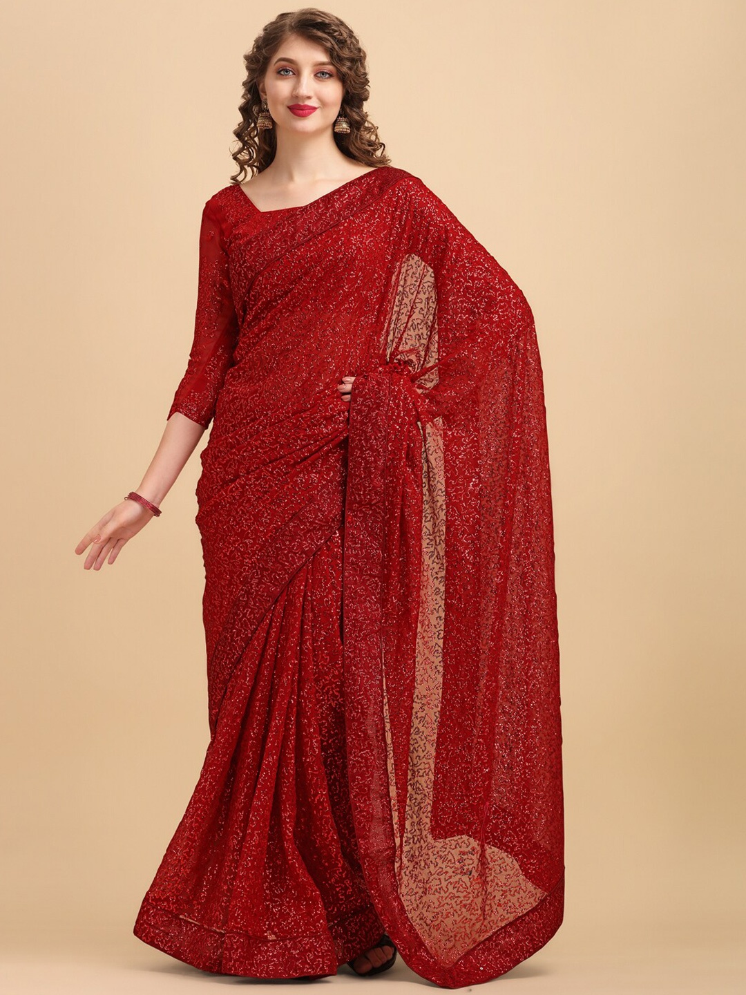 

Sangria Maroon Embellished Sequinned Pure Georgette Designer Saree