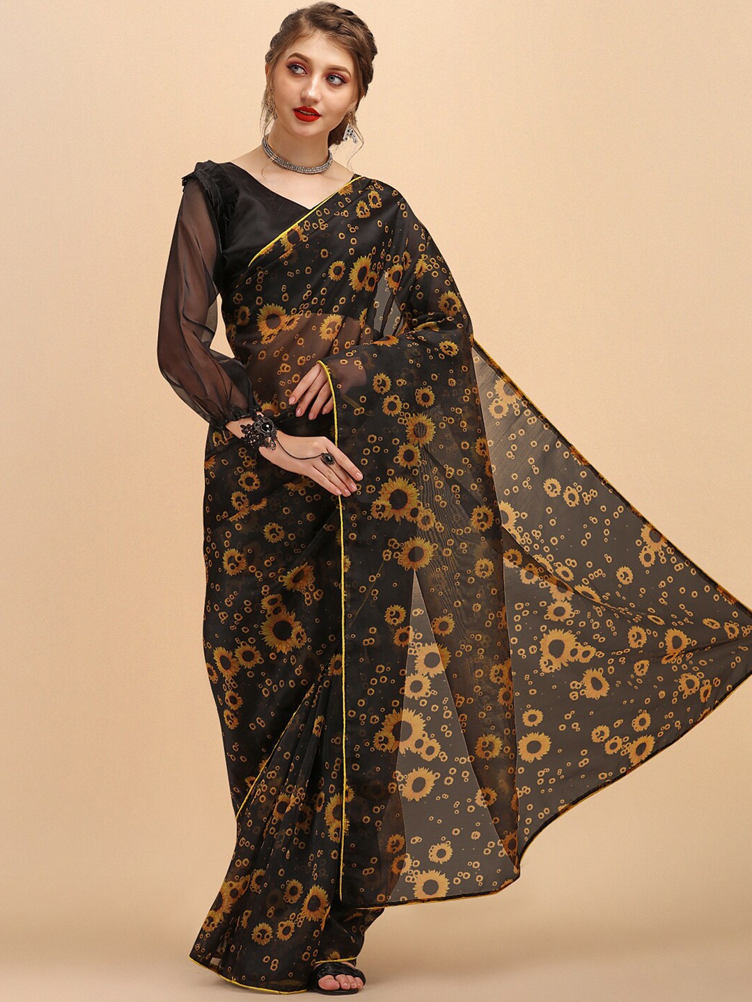 

Sangria Black Floral Zari Organza Saree