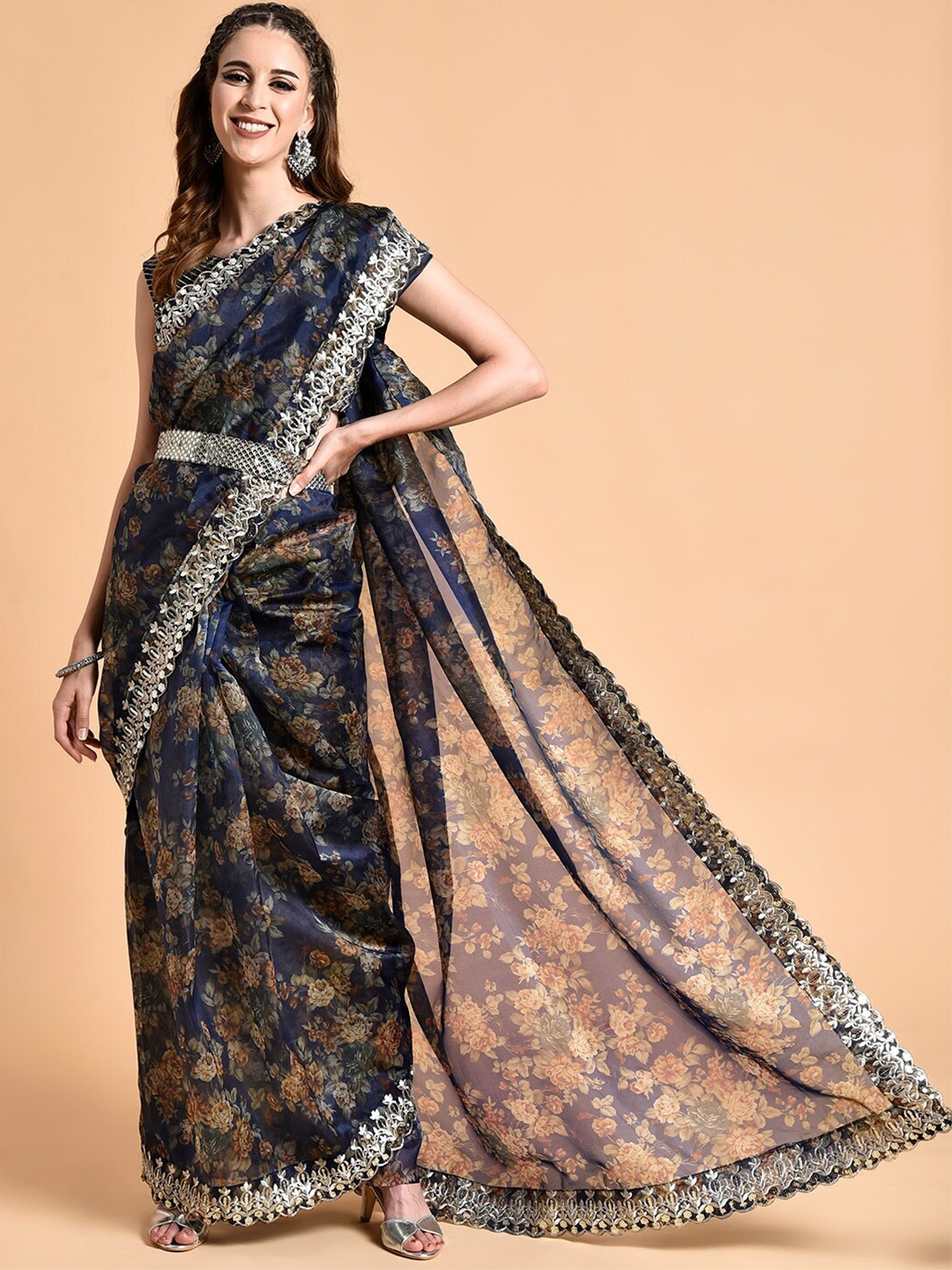 

Sangria Blue Floral Printed Sequins Embellished Organza Saree, Navy blue
