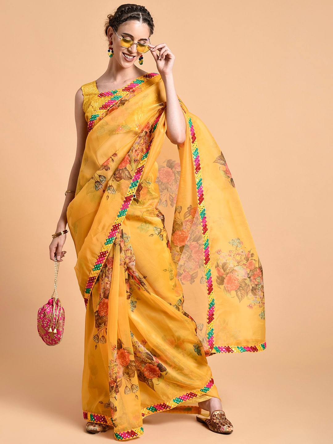 Sangria Mustard Yellow Floral Printed Mirror Work Organza Saree