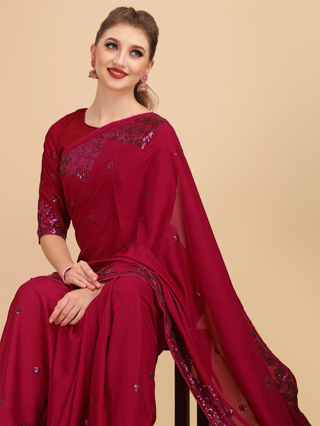 

Sangria Burgundy Embellished Silk Blend Saree