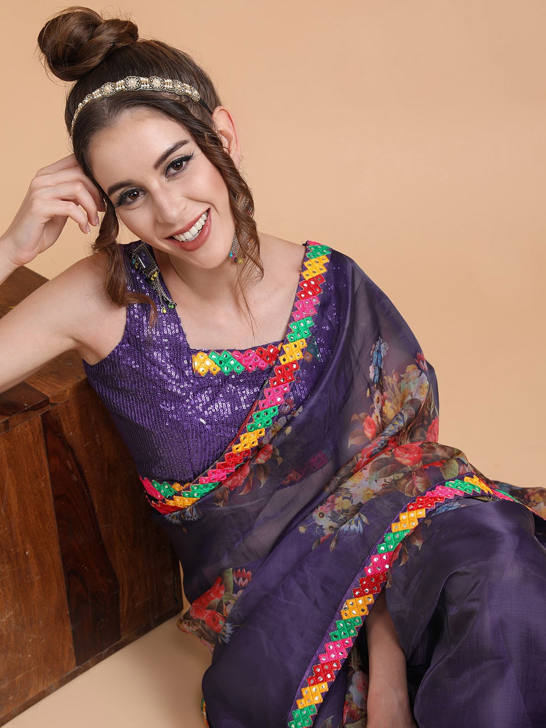 

Sangria Floral Printed Mirror Work Organza Saree, Purple
