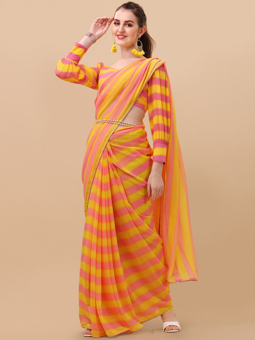 

Sangria Yellow & Pink Striped Pure Georgette Saree