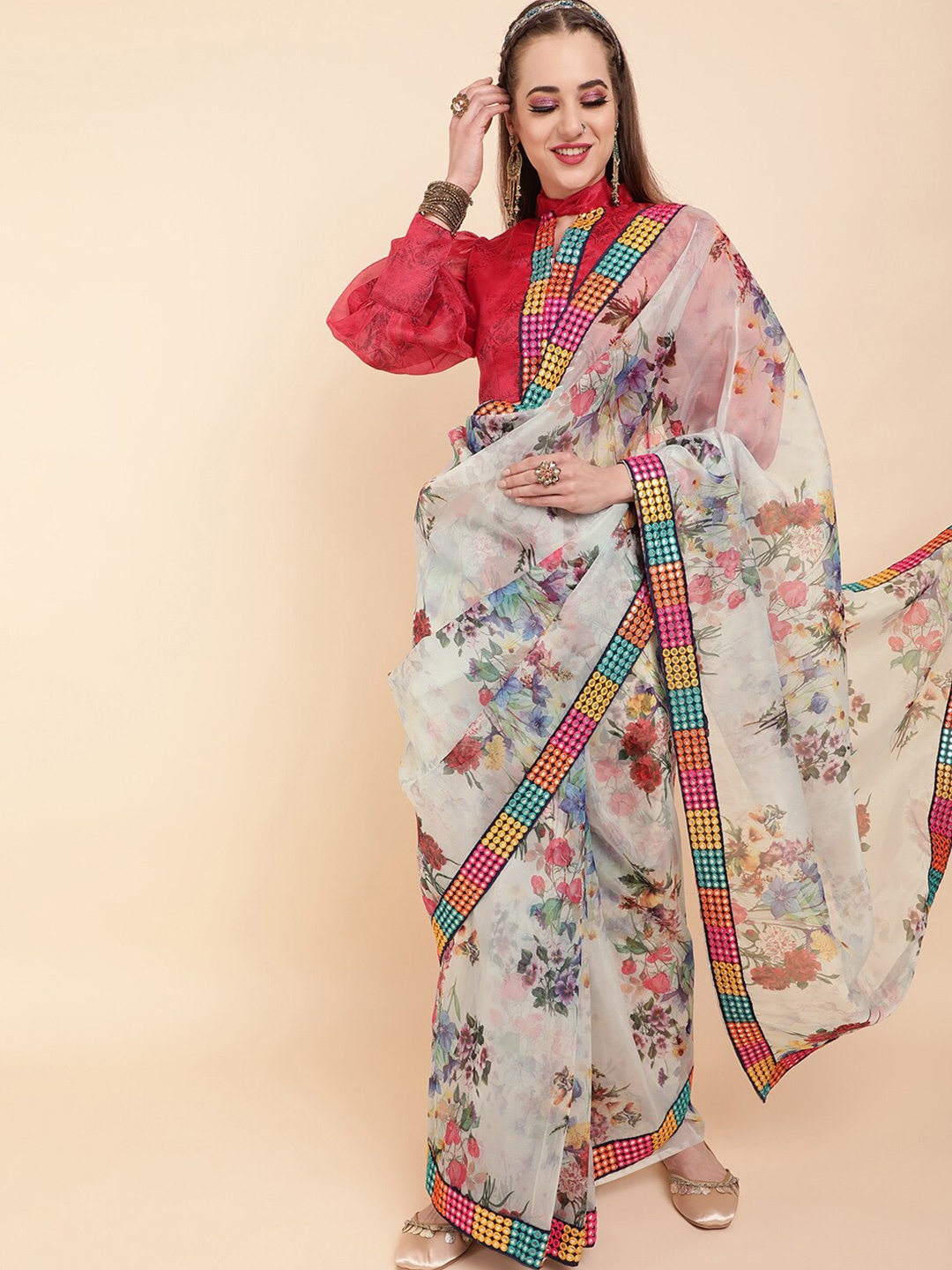 

Sangria Off White & Red Floral Printed Mirror Work Organza Saree