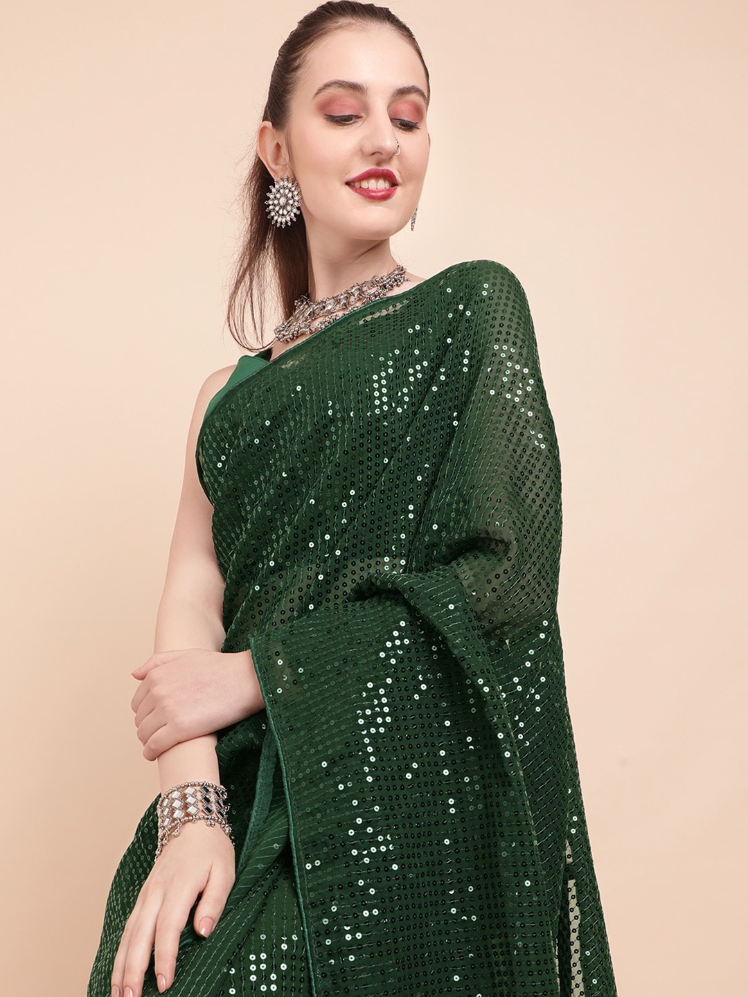 

Sangria Sequinned Pure Georgette Saree, Olive